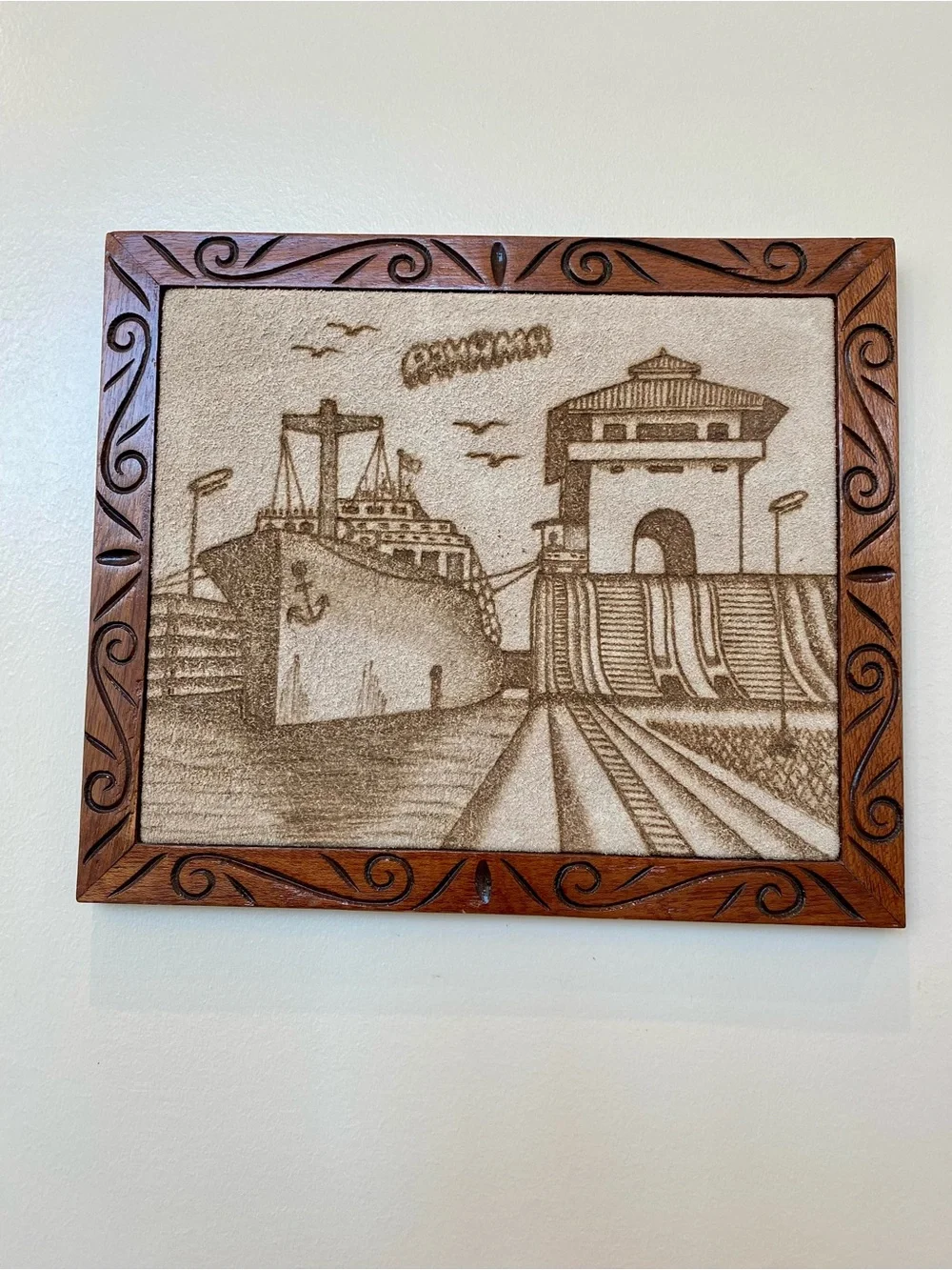 Handcrafted Pyrography 13x11Brown Wooden Framed Wall Art - Nautical Harbor Scene